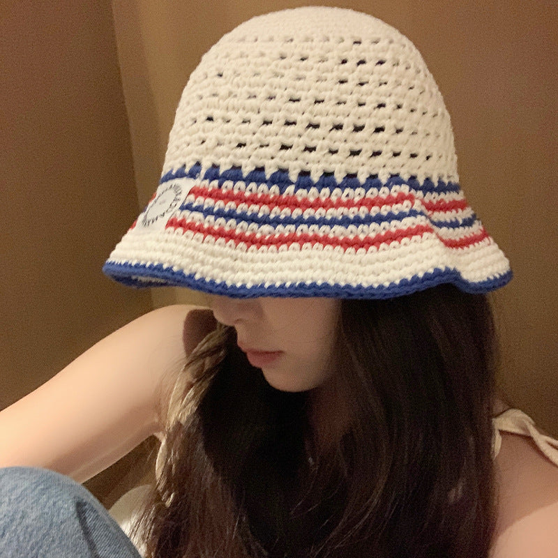 Striped Bucket Hat Women's Hollow Breathable Small Bucket Cap