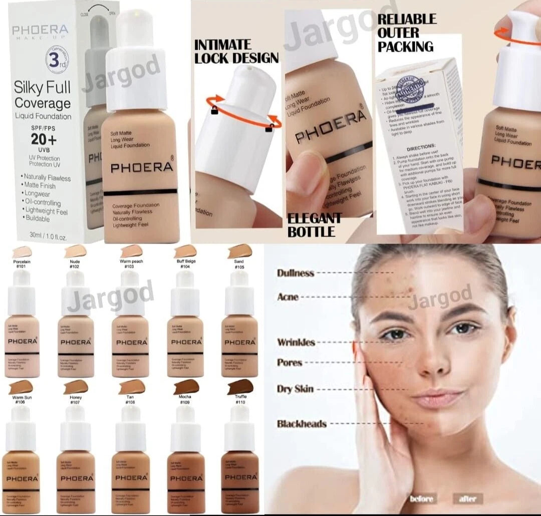 Phoera Foundation Makeup Full Coverage Liquid Base Brighten Long Lasting Shade