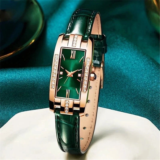 Emerald Green Ladies Wristwatch Quartz Fashion Leather Strap Crystal Watch UK