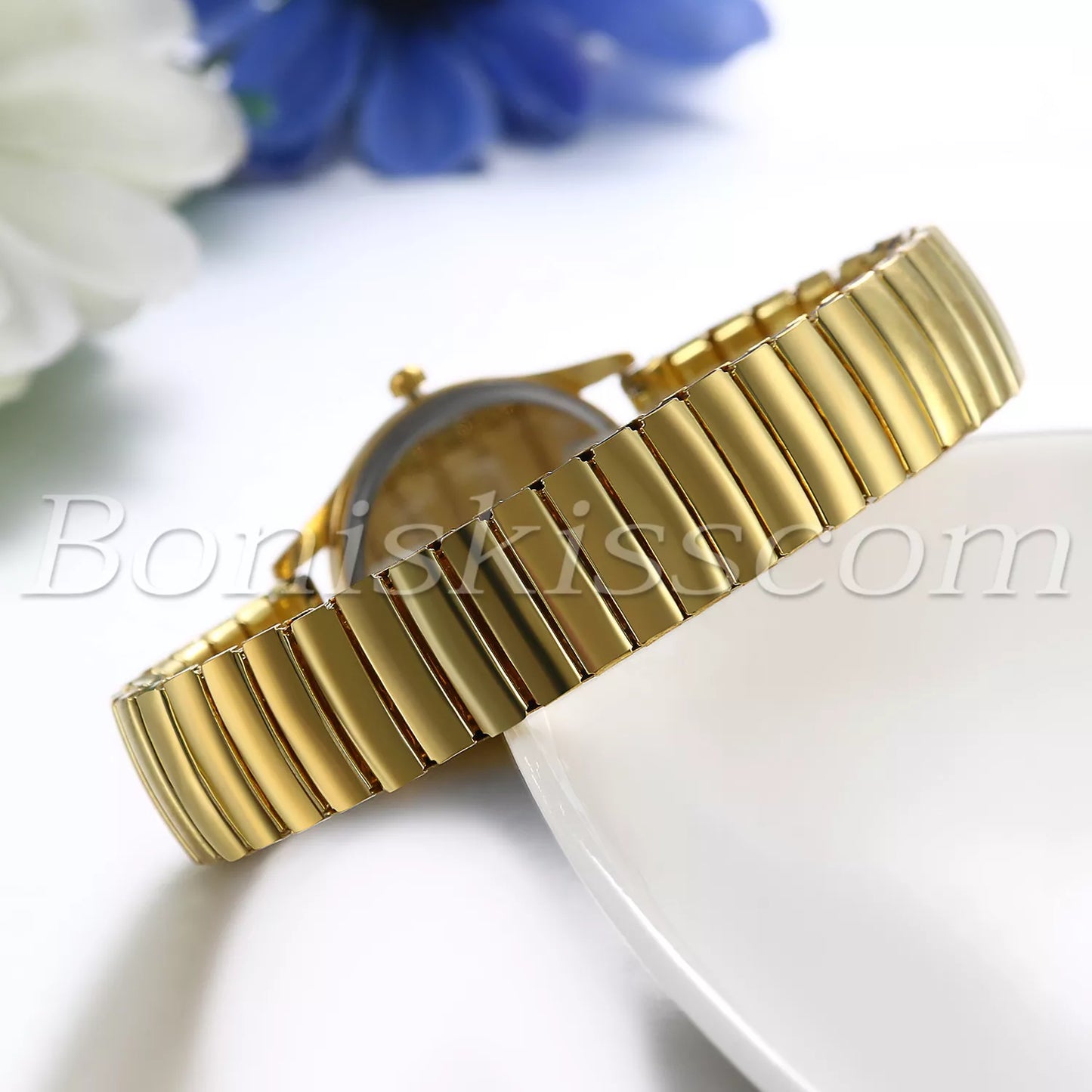 Women's Gold Tone Elastic Stainless Steel Ultra Thin Quartz Dress Wrist Watch