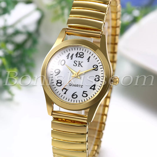 Women's Gold Tone Elastic Stainless Steel Ultra Thin Quartz Dress Wrist Watch
