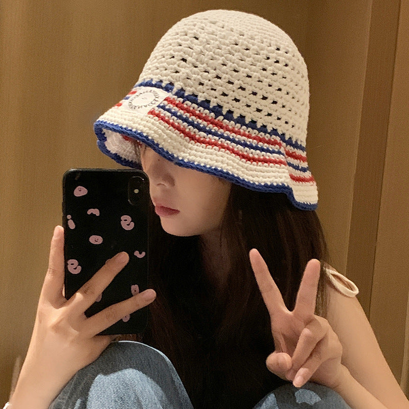 Striped Bucket Hat Women's Hollow Breathable Small Bucket Cap