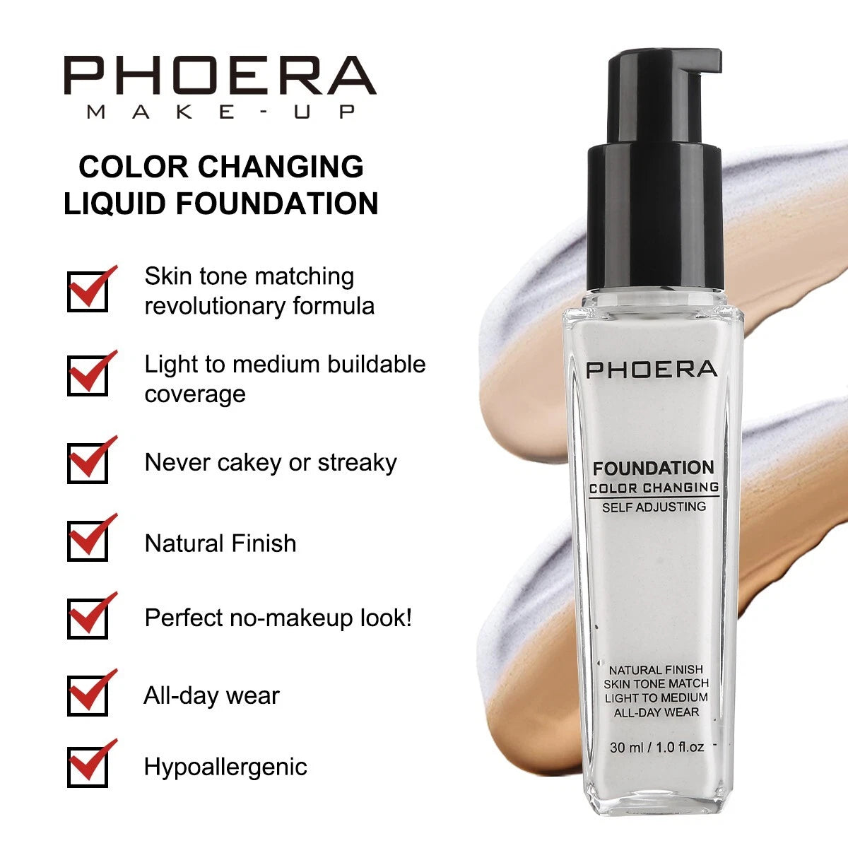 PHOERA Color Changing Liquid Foundation | Full Coverage | Light/Medium Shade